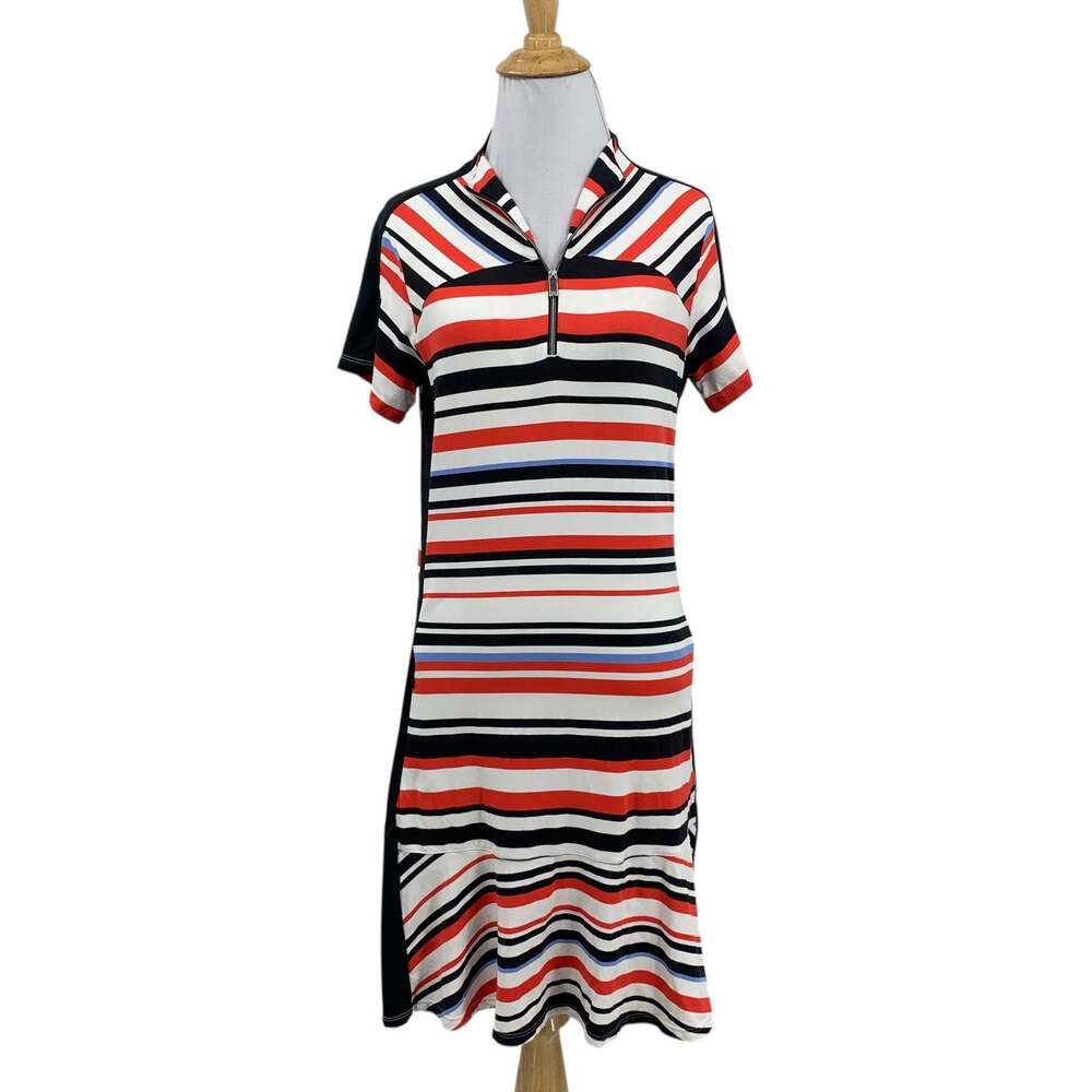 Tail Dress Womens S Small Multi Striped Short Sleeve 1/4 Zip Flounce Hem Pockets